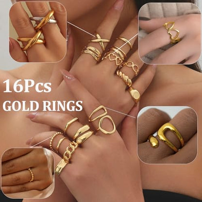 Chunky Stackable Rings Set for Women Non Tarnish Adjustable Open Stacking Knuckle Ring Chunky Joint Finger Midi Rings Pack Dainty Simple Statement Jewelry - style: B-16pcs