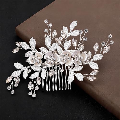Flower Leaf Design Wedding Hair Comb, Metal Bridal Hair Accessory with Rhinestone, Wedding Prom Hair Clip Headpiece for Women (Silver Flower Leaf) - color: Silver Flower Leaf