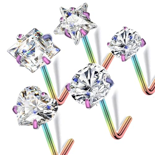 14k Gold Plated 316L Surgical Steel 22g/20g/18g Nose Rings Studs L-Shape Bone Screw Nostril Piercing 1.5mm 2mm 2.5mm 3mm 3.5mm 4.5mm CZ Nose Studs for Women - color: 20g 5pcs L rainbow Surgical Steel