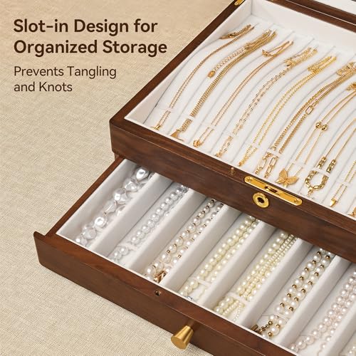 Black Walnut Lockable Necklace Box, Wooden Jewelry Organizer Case for Women | 2 Layer, Drawer, Solid Wood, Lock Key, Necklace Holder, Jewelry Display, Glass Lid, Handcraft, Velvet Line, Gift for Girl Mom - color: 2 Layer Full Lock Necklace Box