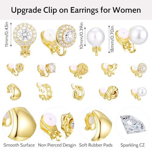 10 Pairs Gold Clip on Earrings, 14K Gold Plated Clip Earrings Earring Set | Non Pierced Ears Clips, CZ Pearl Knot Twist, Chunky Hoop, and Studs