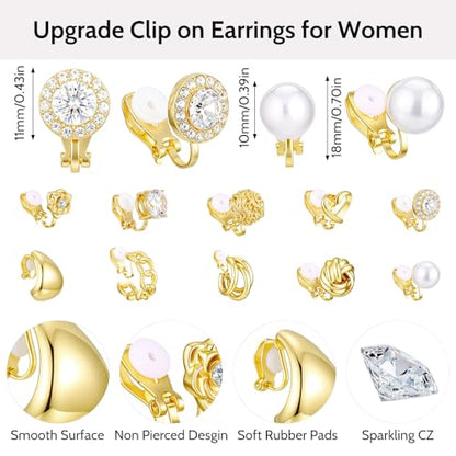 10 Pairs Gold Clip on Earrings, 14K Gold Plated Clip Earrings Earring Set | Non Pierced Ears Clips, CZ Pearl Knot Twist, Chunky Hoop, and Studs