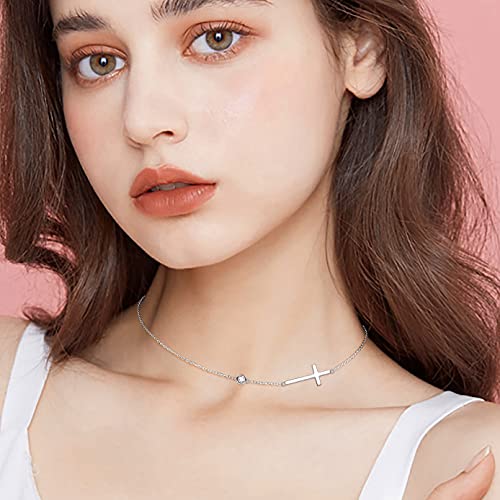 Yearace Choker Necklaces for Women S925 Sterling Silver Sideways Cross/Butterfly/Handcuffs/Infinity Interlocking/Chakra Choker Necklace Dainty Sideways Cross Necklace Jewelry Gift - style: Cross 14+4"