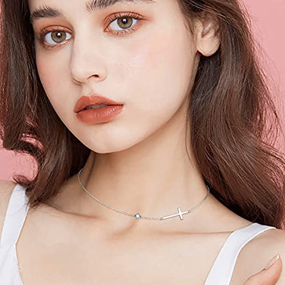 Yearace Choker Necklaces for Women S925 Sterling Silver Sideways Cross/Butterfly/Handcuffs/Infinity Interlocking/Chakra Choker Necklace Dainty Sideways Cross Necklace Jewelry Gift - style: Cross 14+4"