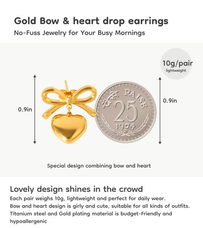 18K Gold Plated & Silver Chunky Heart & Bow Earrings for Women, Chunky Heart Dangle Hoops/Tiny Studs, Kawaii Dainty Hypoallergenic Jewelry for Multiple Piercings, Gift for Her - style: Bow&Heart-Gold