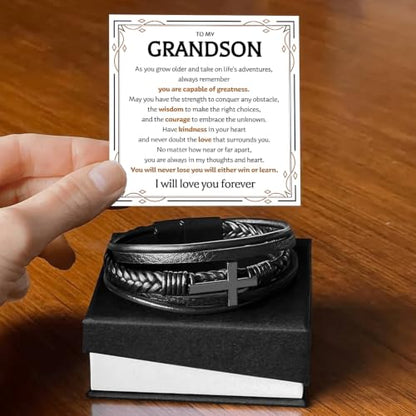 To My GrandSon Bracelet – Cross Braided Leather Bracelet, Meaningful GrandSon Gift from Grandpa & Grandma with Heartfelt Message Card & Elegant Gift Box for Birthday, Christmas, Graduation - color: Version#7
