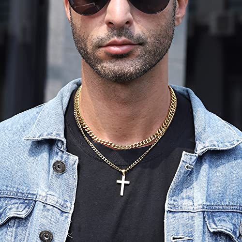 Zocomi Cross Necklace for Men Boys, Stainless Steel Layered Cuban Link Herringbone Chain Cross Pendant Christian Fashion Jewelry Gifts 16-24 Inches - color: Gold, size: 16inch/18inch, style: Cuban+Cuban