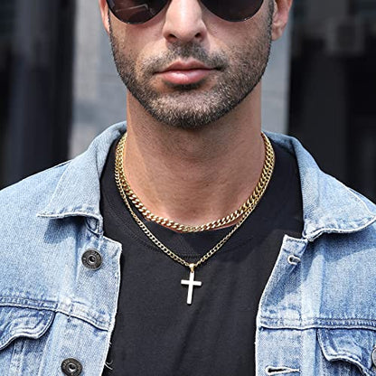 Zocomi Cross Necklace for Men Boys, Stainless Steel Layered Cuban Link Herringbone Chain Cross Pendant Christian Fashion Jewelry Gifts 16-24 Inches - color: Gold, size: 22inch/24inch, style: Cuban+Cuban