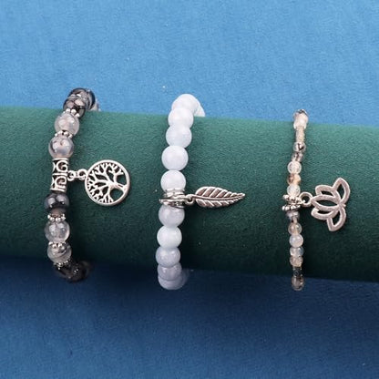 Tree of Life Yoga Healing Stone Bracelets,Multilayer Lotus Chakra Stone Reiki Bracelet Sets,Anxiety Crystal Natural Stone,for Women Stress Relief - style: Black dragon agate + aquamarine