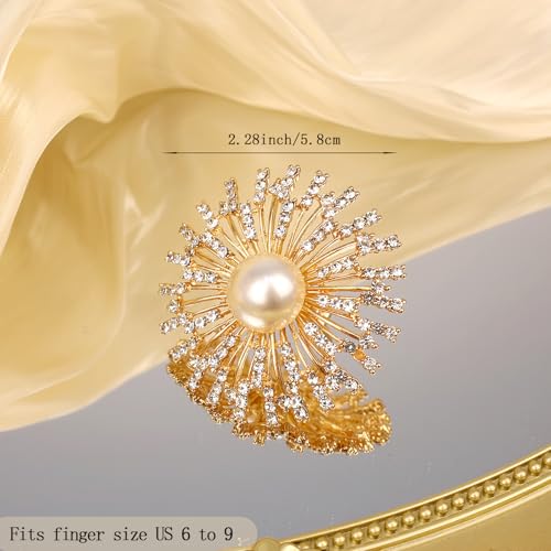 Elegant Big Crystal Ring for Women Gold Stacking Pearl Rhinestone Flower Rings Open Finger Adjustable Crystal Statement Ring Jewelry for Bridal Wedding - color: Crystal 5