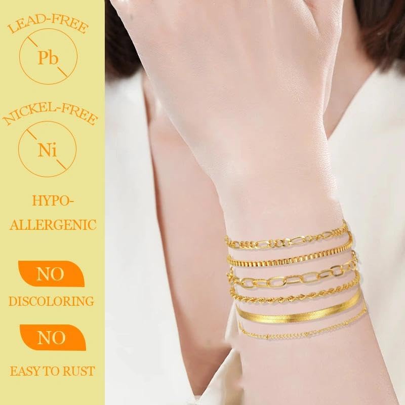 Gold Bracelets for Women Stackable Herringbone Chain Paperclip Link Satellite Tennis Chain Bracelet Adjustable Twisted Rope Link Layer Bracelets Set for Women Fashion Gold Jewelry Gifts