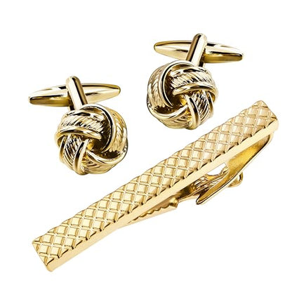 HAWSON Metal Cufflinks and Tie Clip Set for Men Novelty Cuff Links and Tie Bar Gifts for Wedding Level,Football, Musical Symbols Designs - color: Gold Knot