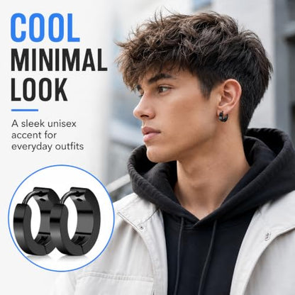 4 Pairs Unisex Hoop Earrings Set – 4 Color Stainless Steel Small Huggie Earrings for Men & Women (Gold, Silver, Black, Blue) | Hypoallergenic Ear Piercing Jewelry