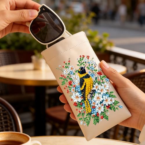 Diamond Art Painting Eye Glass Bag PU Sunglasses Glasses Storage Bag Built-in Glasses Cloth Press Automatic Closure - color: Oriole