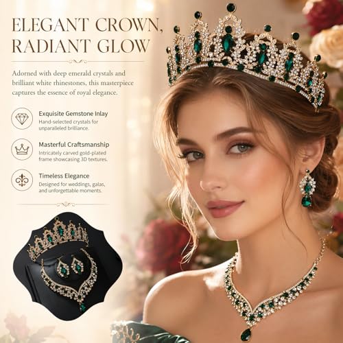 Tiaras and Crowns for Women,Tiaras Earrings Necklace, Crystal Bridal Jewelry Set - color: Green