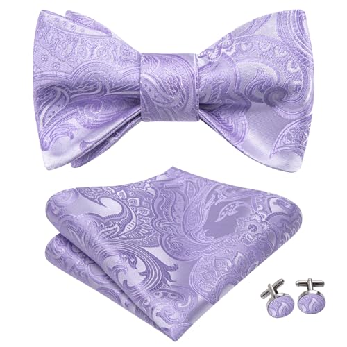 Hi-Tie 5Pcs Mens Solid Color Silk Tie Satin Pretied Bowtie Lapel Pin for Men Handkerchief Cufflink Wedding Gift Box - color: Lavender Purple-self Tie