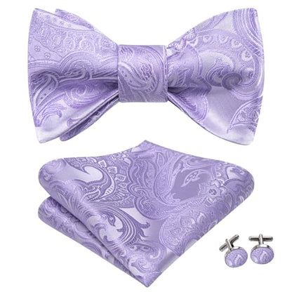 Hi-Tie 5Pcs Mens Solid Color Silk Tie Satin Pretied Bowtie Lapel Pin for Men Handkerchief Cufflink Wedding Gift Box - color: Lavender Purple-self Tie