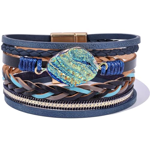Boho Leather Wrap Bracelets Beaded Stackable Cuff Bracelet Country Concert Outfits Cowboy Cowgirl Western Jewelry Gifts for Women - color: Stone-Blue