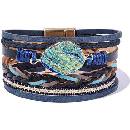 Boho Leather Wrap Bracelets Beaded Stackable Cuff Bracelet Country Concert Outfits Cowboy Cowgirl Western Jewelry Gifts for Women - color: Stone-Blue