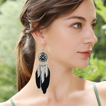 Dreuyet Boho Long Feather Drop Dangle Earrings for Women Retro Bohemian Ethnic Fringe Multicolor Tassel Feather Earring Handmade Statement Dream Catcher Earrings Jewelry - color: Black Round Heart