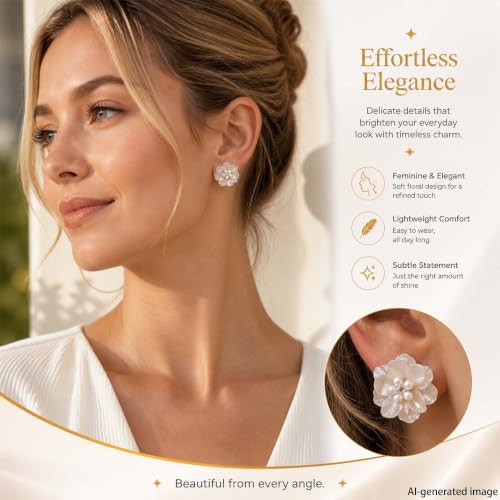 HETICA Pearl Flower Stud Earrings for Women, White Camellia | Faux Pearls, Cubic Zirconia, Lightweight Floral, Wedding, Party, Daily Wear, Gift