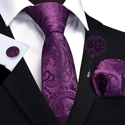 GUSLESON Paisley Tie Set for Men 3.15" Necktie Lapel Pin Hankerchief Cufflinks Set for Men - color: Purple