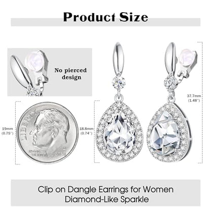 THUNARAZ Clip on Dangle Earrings for Women, Rhinestone Wedding Prom Jewelry | Clip Earrings Non-Pierced, Teardrop Dangle Earrings, Crystal Drop Earrings, Elegant Rhinestone Jewelry for Bride Bridesmaid - color: Silver Tone/Clear Stone