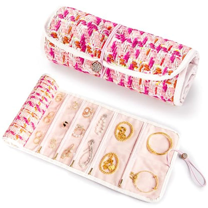 Abiudeng Tweed Travel Jewelry Organizer Roll with 20 Compartments - Rhinestone Button, Anti-Tarnish & Tangle-Free Necklace Storage Bag, Velvet Lined Scratch Protection Case for Women - Pink - color: Pink