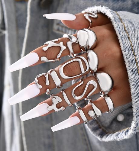 iF YOU 25 Pcs Gold Stackable Ring Set for Women, Chunky Knuckle Finger Midi Rings, Silver Simple Stacking Cute Rings Pack Trendy Stuff Jewelry Gift - style: 15 Chunky silver rings