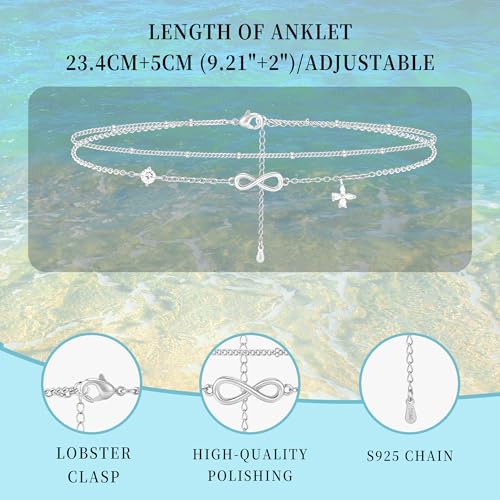 Sterling Silver Ankle Bracelets for Women Gold Waterproof Non Tarnish Beaded Chain Layered Stacking Dainty Butterfly Plus Size Large Anklet Summer Beach Vacation Jewelry Gift - color: silver1