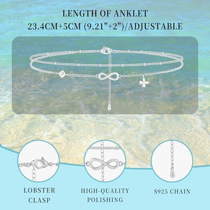 Sterling Silver Ankle Bracelets for Women Gold Waterproof Non Tarnish Beaded Chain Layered Stacking Dainty Butterfly Plus Size Large Anklet Summer Beach Vacation Jewelry Gift - color: silver1