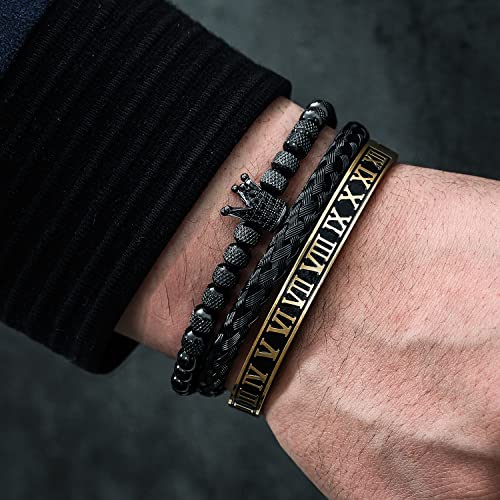 WFYOU 3PCS Stainless Steel Imperial Crown Bracelets for Men Gold Roman Numeral Bangle Bracelet Adjustable Cuff Bracelet Mens Luxury Jewelry Gifts - style: 02:Black-Roman Numeral