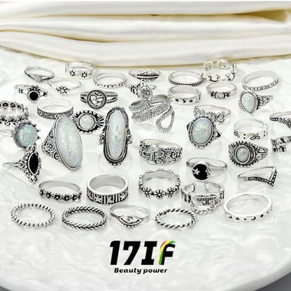 17IF Vintage Silver Knuckle Rings Set for Women Men, Chunky Boho Rings | Aesthetic Snake Grunge Stackable Gothic Ring Adjustable Y2K Punk Bulky Finger Alt of Rings, Stacking Flower Midi Ring Pack - style: 42