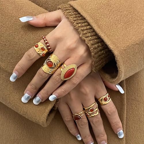 Natural Stone Chunky Rings,Black Obsidian,Red Agate, Carnelian 18k Gold Plated Stainless Steel Stackable Party Rings for Women - style: Red Agate