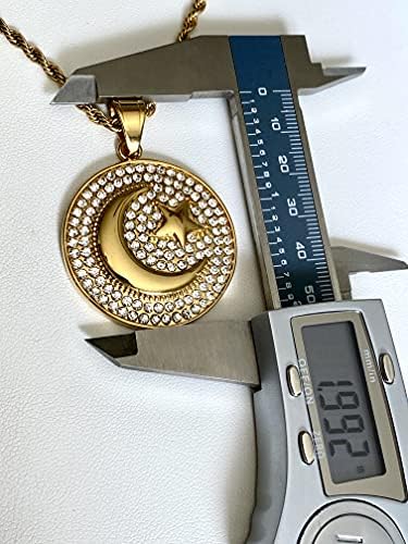 Crescent Moon & Star Pendant Necklace – Men & Women 14k Gold Finish, Iced Out Medallion, 925 Italy Stainless Steel, 2.5mm Rope Chain - size: 22" Necklace