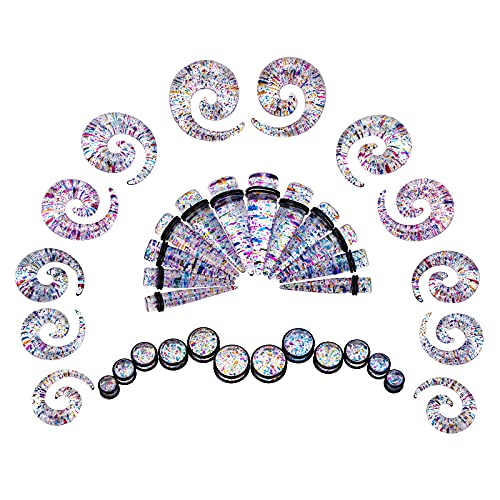 Qmcandy 00G-20mm Ear Stretching Kit 36PCS Big Gauge Taper Kit Large Acrylic Tunnel Plug Spiral Set - color: 36pcs, Glitter Rainbow