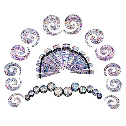 Qmcandy 00G-20mm Ear Stretching Kit 36PCS Big Gauge Taper Kit Large Acrylic Tunnel Plug Spiral Set - color: 36pcs, Glitter Rainbow