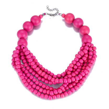 COLORFUL BLING Boho African Wooden Beaded Strands Necklace Ethnic Layered Chunky Collar Choker Wood Necklace for Women Hip Hop Statement Jewelry - color: rose