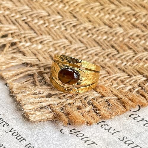 Western Captivating Tiger's Eye Stone Ring,Solitaire 8 * 10mm Oval Cut Gemstone 18K Gold Plated Stack 13mm Wide Ribbed Texture Band Statement Ring for Women - style: Tiger's Eye S