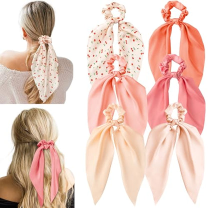 6 PCS Bow Silk Scrunchies, Hair Ties with Bows, Hair Scarf Scrunchies | Knotted Scrunchie Bow for Women, Satin Hair Ribbon Elastic Hair Tie Hair Accessories, Long, Cherry Pink - color: Cherry-Pink