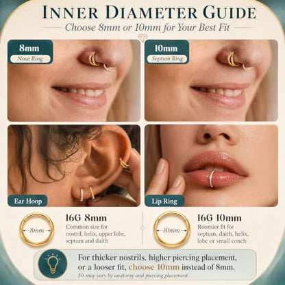 CASSIECA 5Pcs 18G 16G Surgical Steel Nose Rings Hoop for Women CZ Clicker Hinged Septum Ring Lip Helix Cartilage Double Hoop Earring Daith Rook Conch Body Piercing Jewelry for Women 8mm 10mm - style: Gold: 16G-8mm