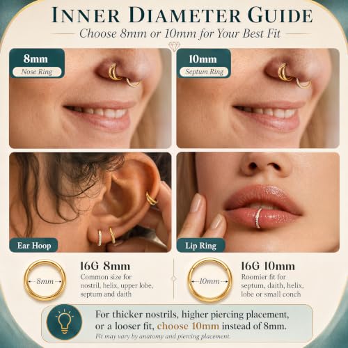 CASSIECA 5Pcs 18G 16G Surgical Steel Nose Rings Hoop for Women CZ Clicker Hinged Septum Ring Lip Helix Cartilage Double Hoop Earring Daith Rook Conch Body Piercing Jewelry for Women 8mm 10mm - style: Gold: 16G-10mm