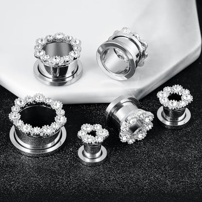 Tunnels Gauges, 2PCS Stainless Steel Tunnel Set Hollow Flower with Round Cubic Zirconia Screw Back Ear Gauges Plugs Tunnels 2G - 5/8 inch Ear Piercing Jewelry - color: Silver, size: 2G(6mm)