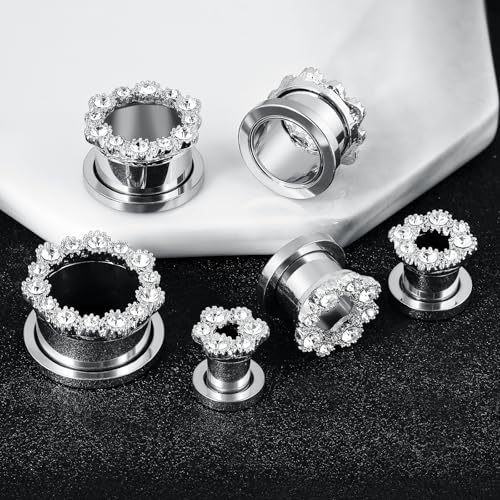 Tunnels Gauges, 2PCS Stainless Steel Tunnel Set Hollow Flower with Round Cubic Zirconia Screw Back Ear Gauges Plugs Tunnels 2G - 5/8 inch Ear Piercing Jewelry - color: Silver, size: 9/16 inch(14mm)