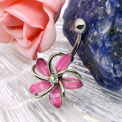 VERAMI 14G 316L Flower Belly Button Ring Surgical Steel Cute Flower Belly Button Ring Body Piercing Jewelry - color: Pink flower