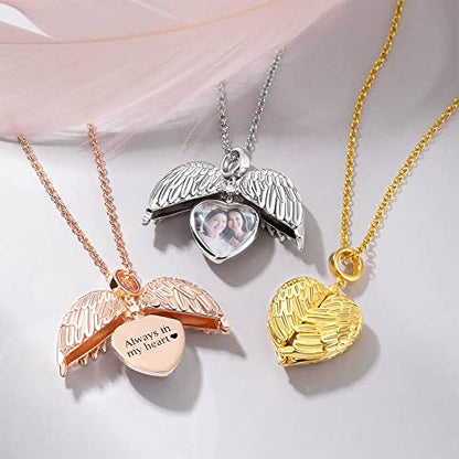 Personalized Photo Locket Necklace that Holds Pictures Sterling Silver Jewelry Gifts for Women Girls Custom Photo Lockets Pendant Necklace Picture Locket Memorial Jewelry Heart Wing Four Leaf Oval - color: Heart wing