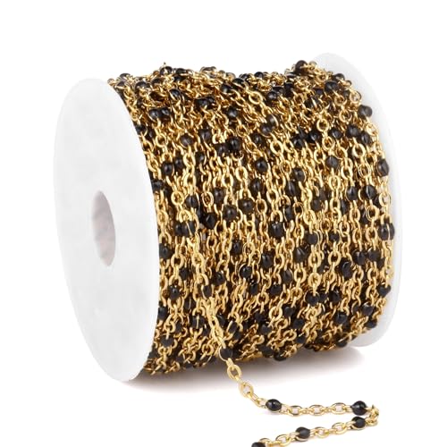 33FT 2mm Gold Cable Chains Black Enamel Chains Bulk for Jewelry Making | 18K Gold PVD Plated Stainless Steel Enamel Beaded Chains Roll for Necklace Bracelet - color: Gold Black Beads