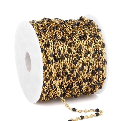 33FT 2mm Gold Cable Chains Black Enamel Chains Bulk for Jewelry Making | 18K Gold PVD Plated Stainless Steel Enamel Beaded Chains Roll for Necklace Bracelet - color: Gold Black Beads