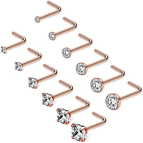 20G 1.5mm 2mm 2.5mm 3mm 3.5mm 4mm Opal Clear Diamond CZ Nose L Shaped Studs Rings Piercing Jewelry 4-20PCS - color: 12PCS - Rose Gold
