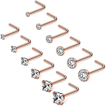 20G 1.5mm 2mm 2.5mm 3mm 3.5mm 4mm Opal Clear Diamond CZ Nose L Shaped Studs Rings Piercing Jewelry 4-20PCS - color: 12PCS - Rose Gold
